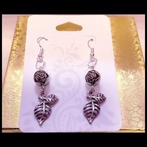 1 1/2” Artisan Crafted Sterling Silver Pewter Roses With Leaves Earrings